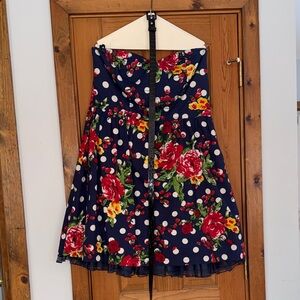 Torrid Strapless Navy Blue Red Polka Dot Dress Floral w/ Matching Belt